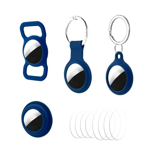 Cellways 4 Pieces of Protective Casing for AirTag 2021, Including: 2 Protective Cases with Keychains, 1 Dog Collar Holder, and 1 Self-Adhesive Case (Color – Deep Blue). 8-Pack Screen Protector Attached.