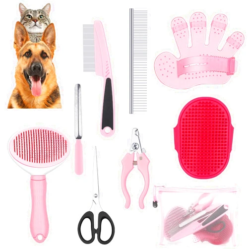 Yaomiao 9 Pcs Dog Grooming Brush Shedding Kit Self Cleaning Slicker Dog Brush Shedding and Flea Comb Nail Clippers and File Pet Grooming Brush with Adjustable Strap Scissors for Pets (Fresh Color)
