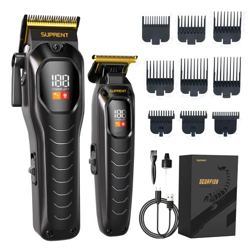 SUPRENT Professional Hair Clipper for Men-Rechargeable Heavy-Duty Motor Hair Cutting Kits with LED Display, Cordless Factory-Calibrated Zero Gapped Beard Hair Trimmer, Black