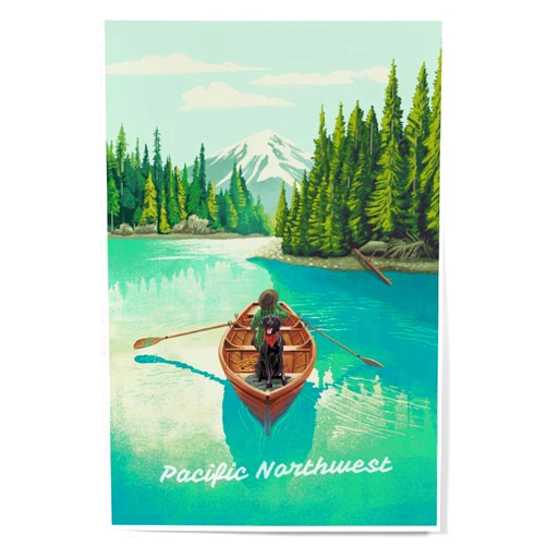 Lantern Press 12x18 Inch Art Print Wall Decor, Pacific Northwest, Quiet Explorer, Boating, Mountain