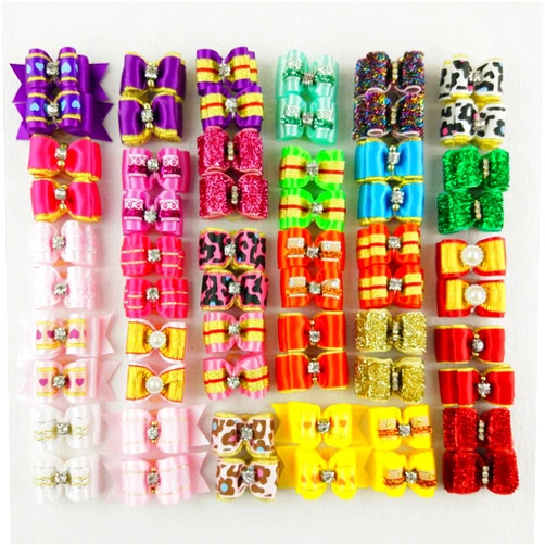 Hixixi(TM) 24pcs/12pairs Puppy Dog Hair Bows Shiny Rhinestone Grooming Bows for Holiday Party Pet Hair Accessories with Rubber Bands (shiny)