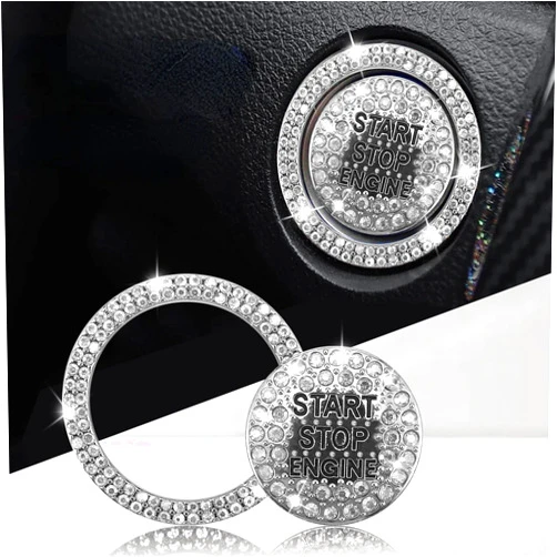 UZZH 2 PCS Bling Car Engine Start Stop Button Crystal Cover, Bling Rhinestone Start Push Decorative Decals for Women, Car Interior Accessories Key Ignition Starter Sticker and Knob Ring (White)
