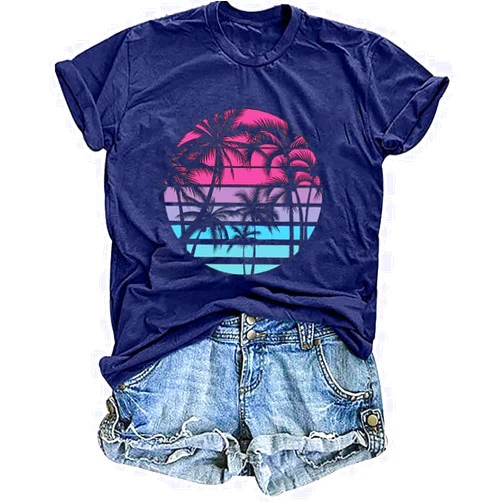 OJLPHH Hawaiian Shirts for Women Palm Trees Beach Graphic Tee Tops Summer Vacation Short Sleeve Tshirt Tops