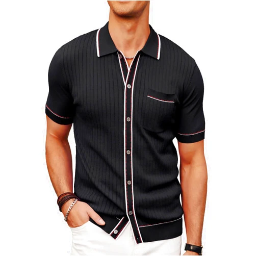 PJ PAUL JONES Mens Knit Shirts Short Sleeve Button Down Casual Shirt Vintage Old Money Polo Shirts Vacation Beach Tops