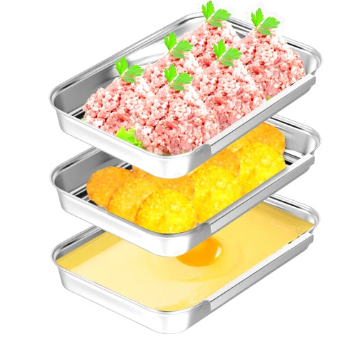 Lemecima Breading Trays Set of 3 Dredging Trays for Cooking, Stainless Steel Breading Pans Set for Marinating Meat, Chicken, Fish, Food Prep Tray