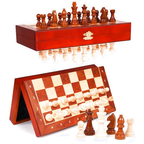 GenJuw Magnetic Travel Chess Set with Wooden Folding Board – 12 Inch Portable Magnetic Chess Board Game with Handcrafted Wooden Pieces, 2 Extra Queens, Strategy Chess Set for Adults Kids Beginners