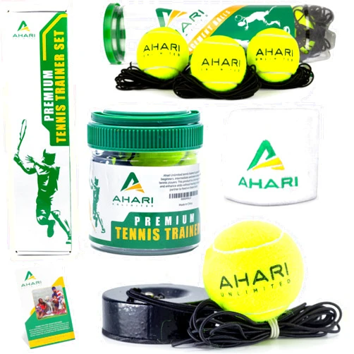 Ahari Unlimited Premium Tennis Trainer Set, Pro Rebounder with Metal Base in a Carrying Cylinder, 3 Replacement Rebound Balls, & Wristband, Portable Tennis Practice Equipment for Solo Training