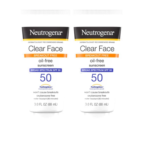 Neutrogena Face Sunscreen Broad Spectrum SPF 50 Clear Face Breakout Free Lotion, Fragrance- & Oxybenzone-Free, Non-Comedogenic, Twin Pack, 2 x 3 fl. oz