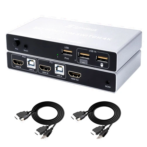Synvisus HDMI KVM Switch 2 Port KVM Switcher 2 in 1 Out 4Kx2K@30Hz UHD Compatible with HDMI 1.4, HDCP 2.0, Supports Auto Scan&Hotkey Switch with USB 2.0 &2 KVM Twin Cables 1.5m/5ft