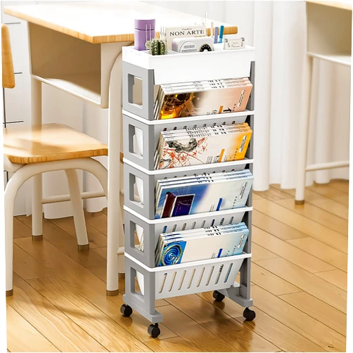 Euedue 5 Tier Book Rack Storage Bookshelf, Mobile Bookshelf with Wheels, Removable Movable Unique Bookcase, Rolling Book Cart, Bookshelves for Students Study in Dorm Classroom Living Room School(White Grey)
