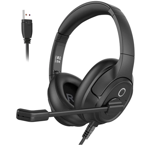 EKSA Headset with Microphone for Laptop, Wired Computer Headset with Volume & Mic Mute Controls, Lightweight PC Headphones for Office Call Center Skype (Over Ear USB Headset with AI ENC)