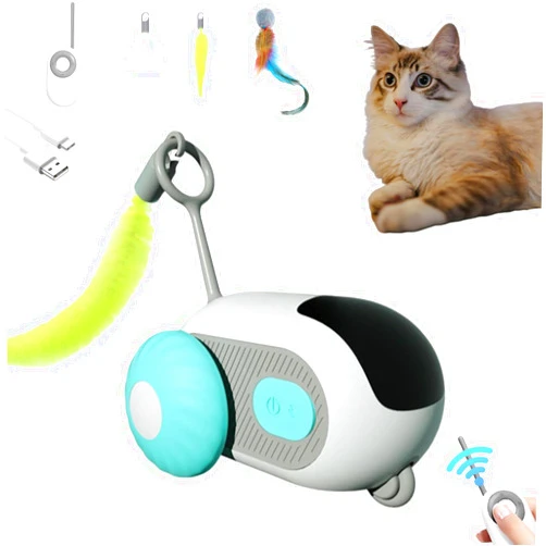 Leadoko Smart Interactive Cat Toy with 2-Speed Adjustment, Remote Control Cat Toy, USB Rechargeable Feature, Cat Toy with Feathers, Interactive Car Toy for Indoor Cats,Home Boredom Reliever (Blue)