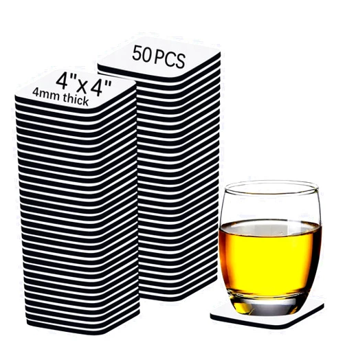 OKBA 50 PCS Sublimation Blank Cup Coasters Bulk, 4x4 Inch Square Blank Cup Mat Rubber for Sublimation Transfer Heat Press Printing DIY Crafts