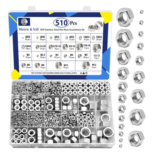 ZQZ 510 Pcs 2 in 1 SAE and Metric Stainless Steel Hex Nut Assortment Kit,2#56 4#40 6#32 8#32 10#24 10#32 12#24 1/4-20 5/16-18 3/8-16 7/16-14 1/2-13 M2 M2.5 M3 M4 M5 M6 M8 M10 M12 Hardware Nuts Set