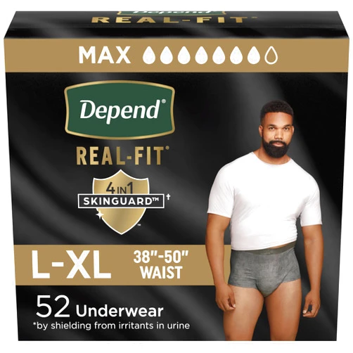 Depend Real Fit Adult Diapers, Incontinence Underwear for Men, Disposable, Maximum Absorbency, Large/Extra Large, 52 Count (2 Packs of 26), Packaging May Vary