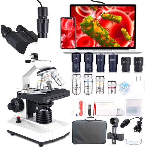 Poothoh Compound Trinocular Microscope, 40X-5000X Magnification, Research Grade Professional Microscope with USB Camera and Mechanical Stage, Microscope for Adults