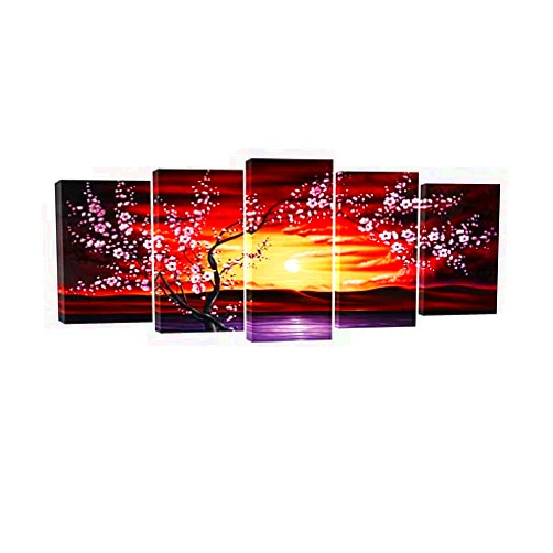Wieco Art 5 Piece Plum Tree Blossom Canvas Prints Wall Art Abstract Floral Pictures Paintings Decor for Home Decorations Modern Stretched and Framed Contemporary Giclee Red Flowers Artwork