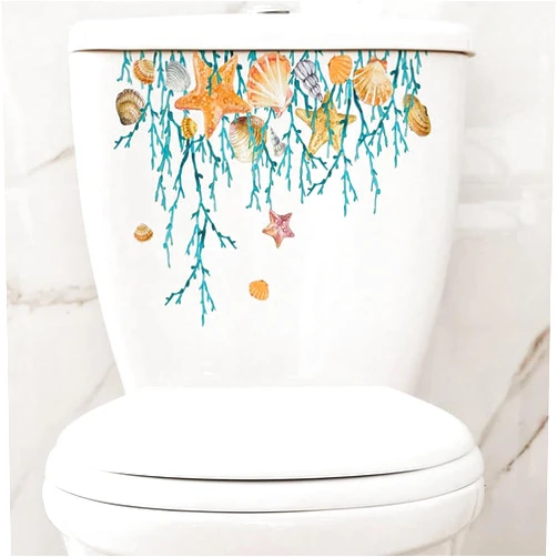 Paleery@FC Ocean Grass Shell Sea Star Toilet Cover Sticker Decals,Shell Conch Starfish Waterproof Toilet Lid Tank Seat Decals Cistern Self-Adhesive Bathroom Wall Sticker