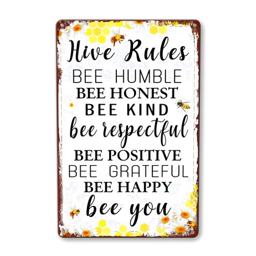 VNCgov-Bee Garden Decor Bee Hive Rules Sign For Home Honey Bee Decorations Hive Rules Signs Bumble Metal Tin Signs Bees Kitchen Wall Decor Outdoor Beehive Decoration Bee Hive Classroom Decor 8x12 Inch