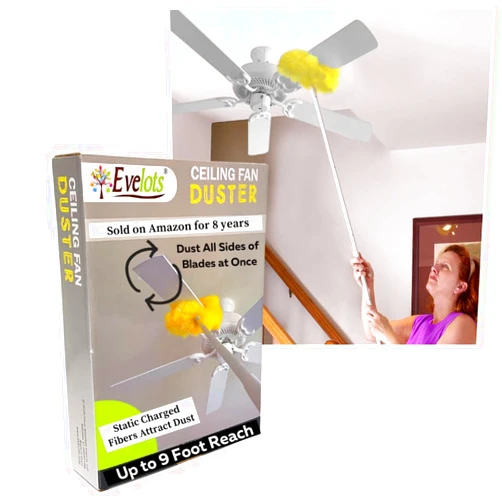 Evelots Ceiling Fan Blade Brush Cleaner - Long Extension Pole - Brush Both Sides at The Same Time - Scratch Resistant Microfiber Feather Cobweb Duster - Extra Long with Reach up to 9 Feet