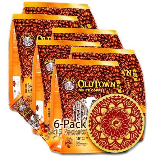 OLDTOWNZ 6-Pack (Salted Caramel) Old Town White Coffee 3 in 1 Asian Instant Coffee Lover Malaysia Coffee with a OLDTOWNZ Eco Friendly Cork Coaster Oldtown White Coffee Lover Package, Old Town coffee 90 Packets
