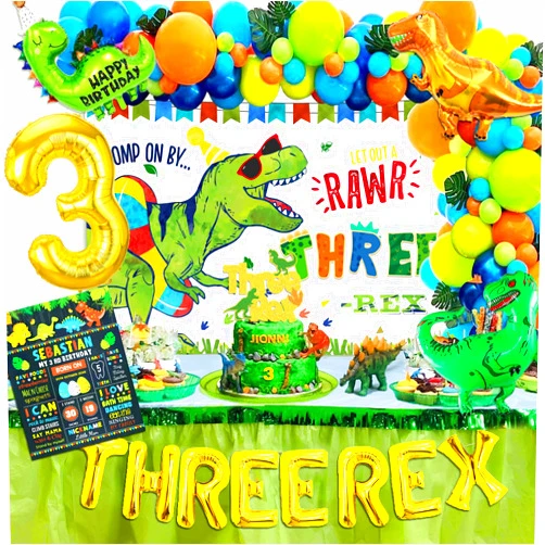 Yusino Three Rex Birthday Party Decorations Boy, Dinosaur 3rd Birthday Party Supplies with Backdrop, Balloons, Cake Topper & More