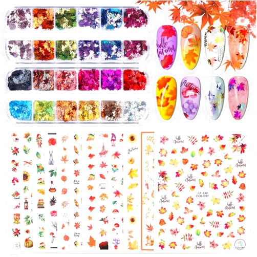 Kalolary 36 Pcs Autumn Fall Nail Art Stickers and Maple Leaf Nail Glitter Sequins, Kalolary 3D Self-Adhesive Fall Maple Leaf Nail Decals Stickers Splarkly Nail Sequins Flake Acrylic Manicure Paillettes