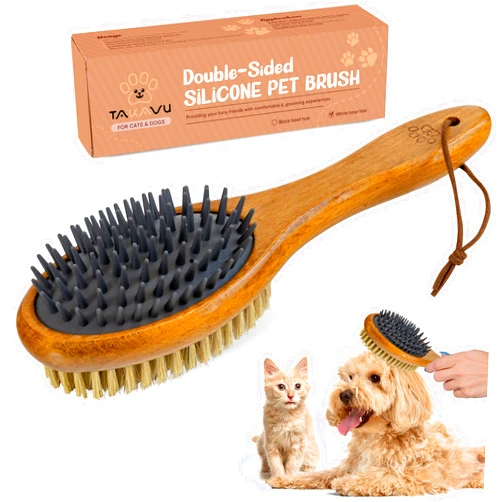 TAKAVU Short Hair Dog Cat Brush, Double-Sided Silicone & Bristle Pet Grooming Brush for Removing Dirt & Loose Hair, Coats Detangling Deshedding, Massage Pet Skin, Wood Handle Pet Comb