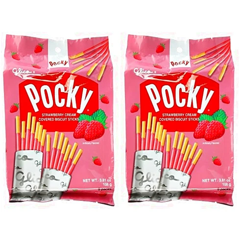Glico Pocky, Strawberry Cream Covered Biscuit Sticks (9 Individual Bags), 3.81 oz (Pack of 2)