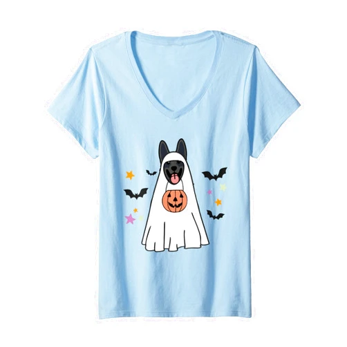 Funny Black German Shepherd Dog Halloween Gifts Womens Black German Shepherd Boo Ghost Dog Lover Halloween Costume V-Neck T-Shirt
