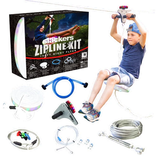 Slackers 100 ft LED Night Riderz Series Zipline - Kids Zip line Kit with Safety Zipspring Brake System - Great Zipline Kit for Kids and Teens - Recommended Ages 7+