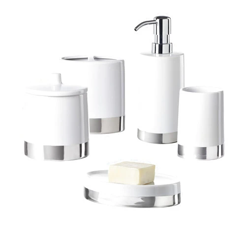 Motifeur Bathroom Accessories Set, 5-Piece Ceramic Bath Accessory Complete Set with Lotion Dispenser/Soap Pump, Cotton Jar, Soap Dish, Tumbler and Toothbrush Holder (White and Silver)