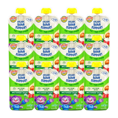 Earth's Best Organic Kids Snacks, Sesame Street Toddler Snacks, Brain Support Fruit Smoothie for Toddlers 2 Years and Older, Apple Raspberry Avocado, 4 oz (Pack of 12)