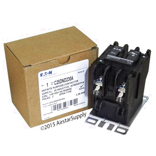 Eaton C25DND230A 2 Pole Open Type Non-Reversing Definite Purpose Control Contactor With Baseplate 30 Amp 110 - 120 Volt AC
