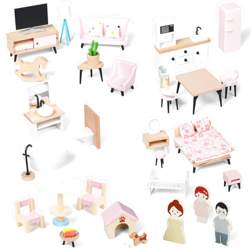Pithfor Wooden Dollhouse Furniture Set, Dollhouse Accessories and Furniture, with 7 Rooms 3 Dolls, Includes Patio Set & Dog Set, Doll House Furniture Toys Gift for Kids Boys Girls