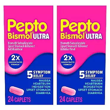Pepto Bismol Caplets Ultra for Nausea, Heartburn, Indigestion, Upset Stomach, and Diarrhea Relief 2x24 ct – 48 Total 48 Count