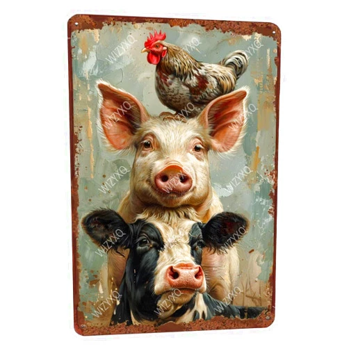 WIZYXQ Metal Signs A Pig Cow Chicken Vintage Tin Sign for Home Office Kitchen Bar Cafe Garden Farmhouse Chicken Coop Wall Decor 12x8 Inch