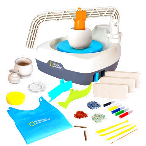 Blue Marble NATIONAL GEOGRAPHIC Deluxe Pottery Wheel Kit – Complete Starter Pottery Set, Plug-In Motor, 3 lbs. Air Dry Clay, Gemstone Chips, Sculpting Tools, Patented Arm Tool, Paints & More, Great Kids Craft Kit