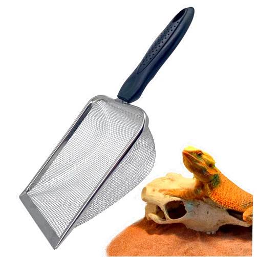 Casidoxi Falltail Stainless Steel Reptile Sand Substrate Scoop Shovel Sifter Fine Mesh Metal Reptile Litter Cleaner Scooper for Sand Bedding