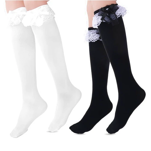 Giantree Women Lace Ruffle Knee High Socks, Cotton Knee High Socks with Bow, Cute Lolita Socks with Bow Lace Ruffle Trim Socks for Women(White+Black)