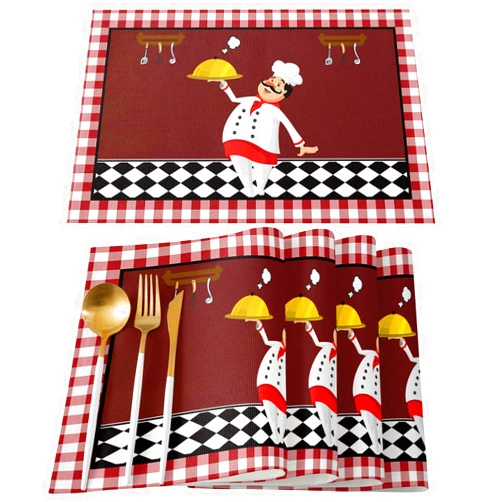 LBCASA Kitchen Chef with Gourmet Placemats Set of 6, Red Plaid Funny Placemats for Dining Table Farmhouse Place Mats for Kitchen Table Waterproof Table Mats, Wipeable Dining Table Set