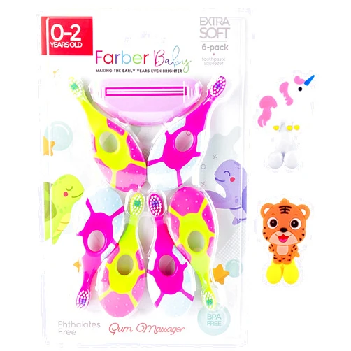 Farber Baby Toddler Toothbrushes Set – Infant Toothbrush 6 Pack with Compact, Soft Bristles and Easy Grip Handle Includes 2 Suction Cup Toothbrush Holders and Toothpaste Squeezer (Pink)