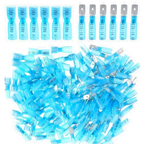 Glarks 100pcs 16-14 Gauge Fully Insulated Female/Male Spade Nylon Heat Shrink Waterproof Quick Disconnect Electrical Insulated Crimp Terminals Connectors Assortment Kit