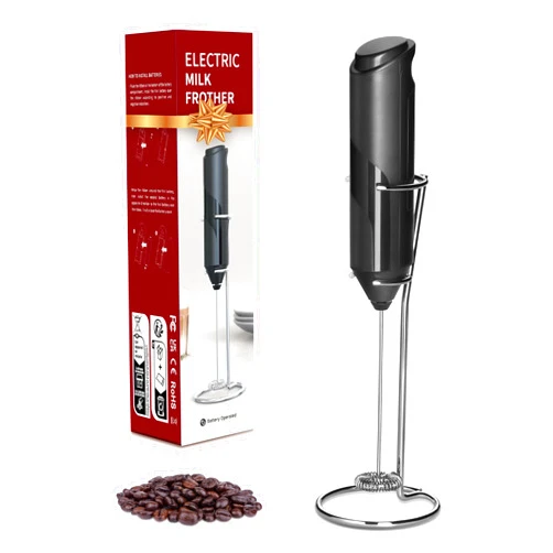 YSSOA Electric Milk Frother Handheld with Stainless Steel Stand Battery Operated Whisk Drink Mixer for Coffee, Latte, Matcha, Hot Chocolate, Black