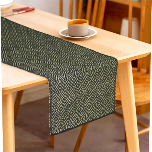 Tiny Break Diamond Weave Cotton Natural Jute Table Runner, Organic Eco-Friendly Rustic Vintage Dining Runner for Family Dinner, Indoor Outdoor Parties & Everyday Use - 16 x 52 Inch - Natural & Black