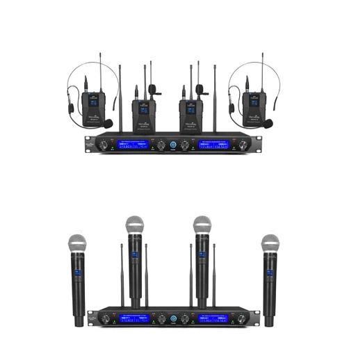 MicrocKing UHF Wireless Microphone System Cordless Lapel/Headset/Lavalier Mic(4 Bodypacks) & UHF Cordless Mic Set, Fixed Frequency, Long Range 400ft, Ideal for Party Church Conference Speech