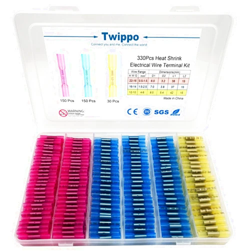 Twippo 330Pcs Butt Connector, Automotive Electrical Connector Terminals, Waterproof Heat Shrink Wire Connectors Kit, Wire Splice Kit, Heat Shrink Tubing (22-10 AWG)