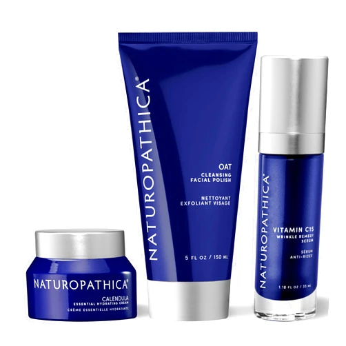 Naturopathica Calendula Essential Hydrating Cream, Oat Cleansing Facial Polish, and Vitamin C15 Wrinkle Remedy Serum Bundle