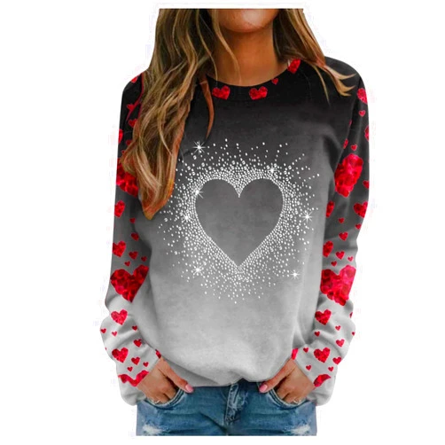 Yesunpxs Women Valentine's Day Printed Long Sleeve Shirts Tops Casual Round Neck Pullover Graphic Tees Sweatshirt T-Shirt