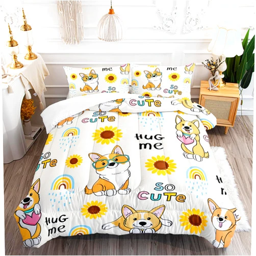 XYNHML Kawaii Cartoon Corgi Dog Animal Themed Comforter 3Pcs Full Yellow Sunflower Rainbow Bedding Set for Kid Teen Girl Boy Adult So Cute Pet Dog Quilt Bed Decor with 1 Comforter and 2 Pillowcases